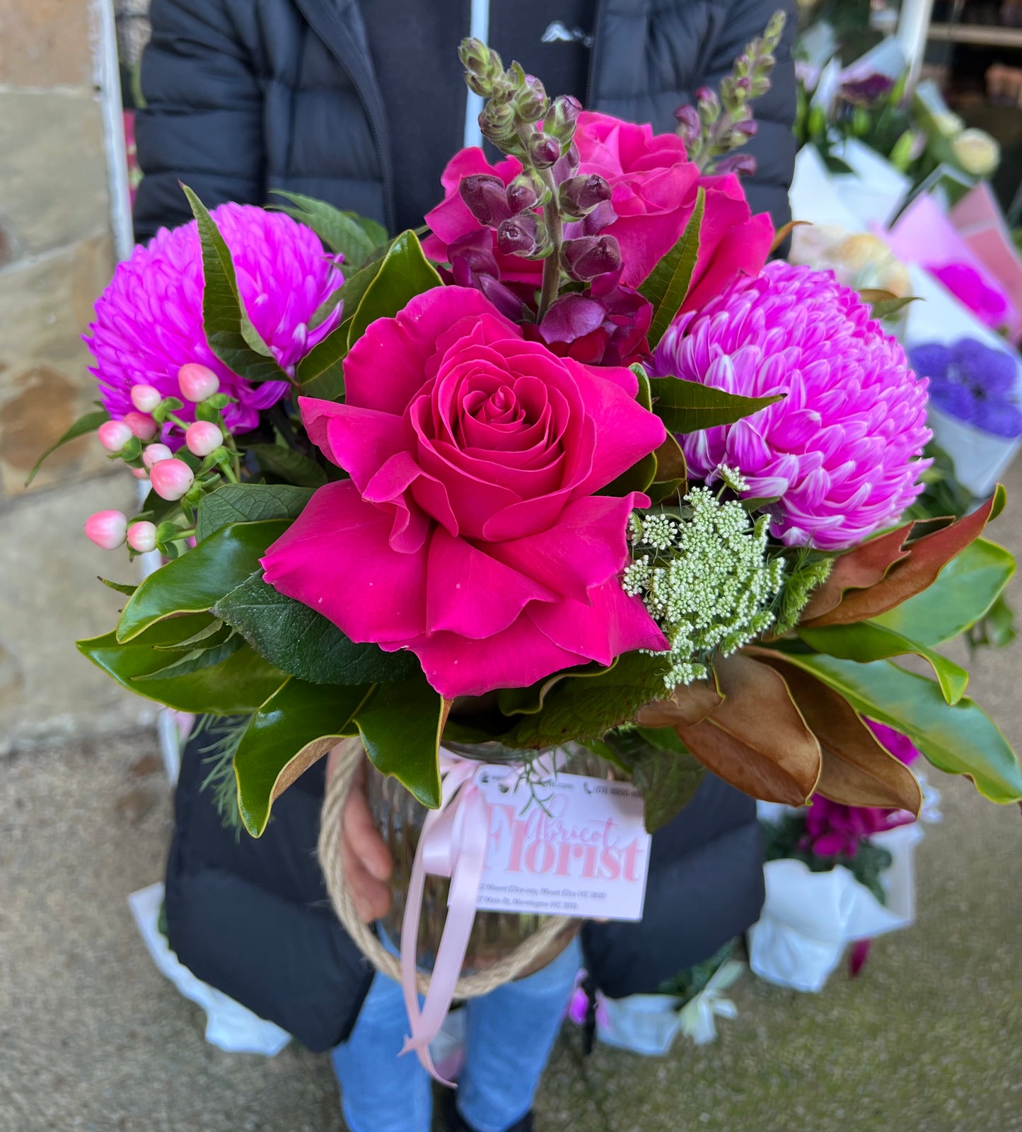 Hot pink vase arrangement of flowers delivery across the Mornington Peninsula Mornington florist Mt Eliza florist birthday flowers anniversary flowers get well soon just because baby girl baby boy congratulations hospital flowers