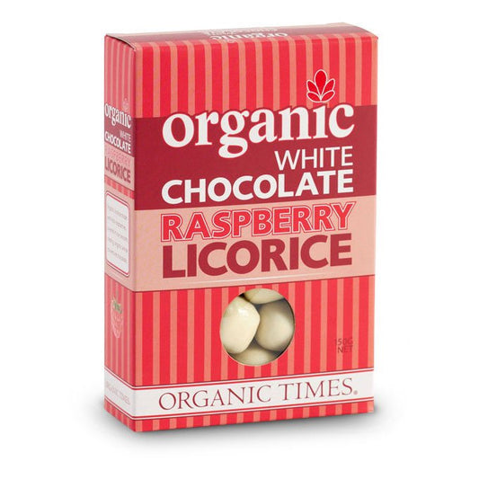 Organic white chocolate raspberry licorice